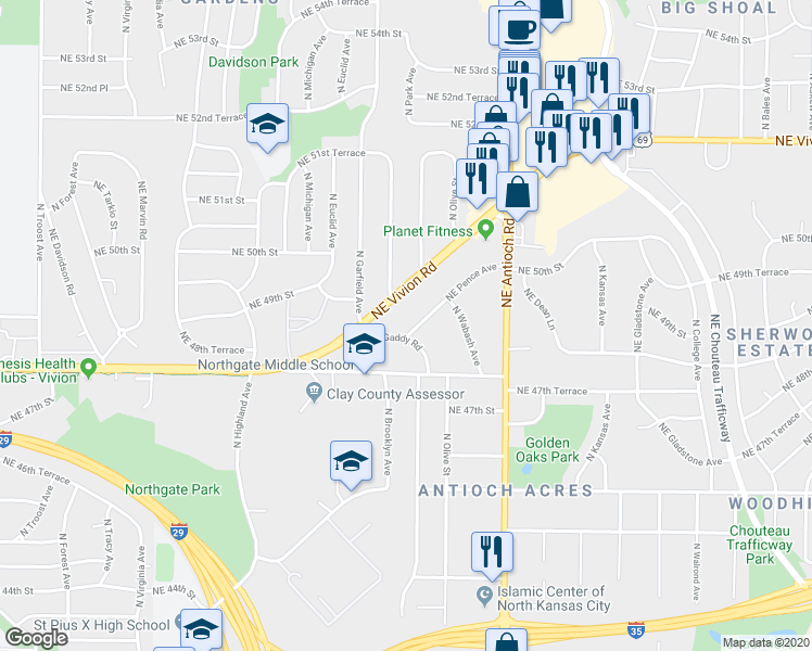 map of restaurants, bars, coffee shops, grocery stores, and more near 2312 Northeast Pence Avenue in Kansas City
