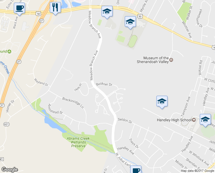 map of restaurants, bars, coffee shops, grocery stores, and more near 831 Buckner Drive in Winchester