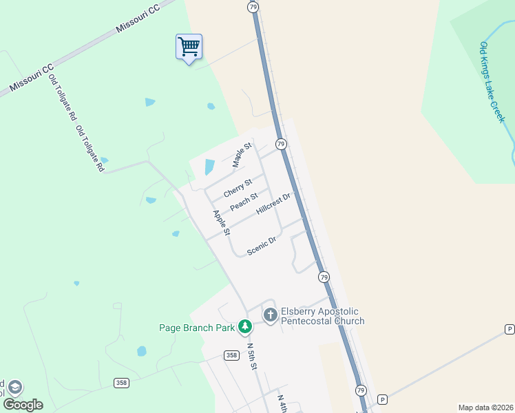 map of restaurants, bars, coffee shops, grocery stores, and more near 203 Peach Street in Elsberry