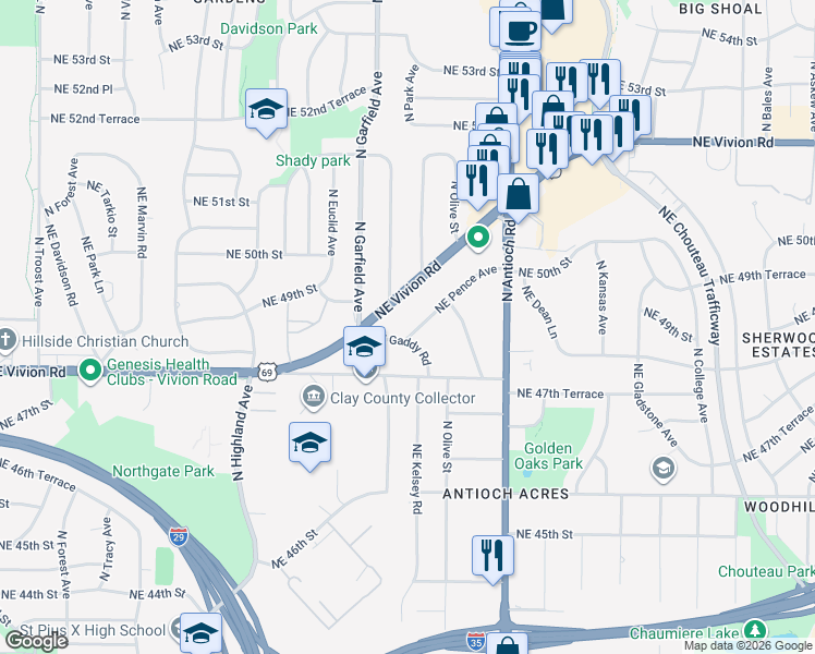 map of restaurants, bars, coffee shops, grocery stores, and more near 2312 Northeast Pence Avenue in Kansas City