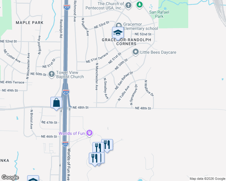 map of restaurants, bars, coffee shops, grocery stores, and more near 4908 North Potter Avenue in Kansas City