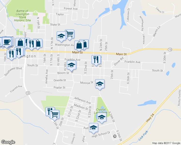 map of restaurants, bars, coffee shops, grocery stores, and more near 317 South 23rd Street in Lexington
