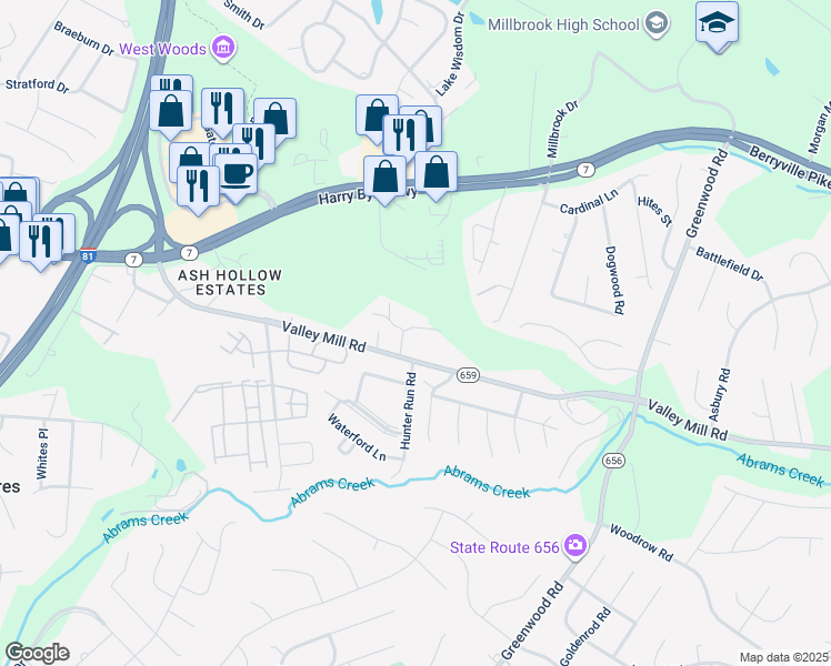 map of restaurants, bars, coffee shops, grocery stores, and more near 204 Ash Hollow Drive in Winchester