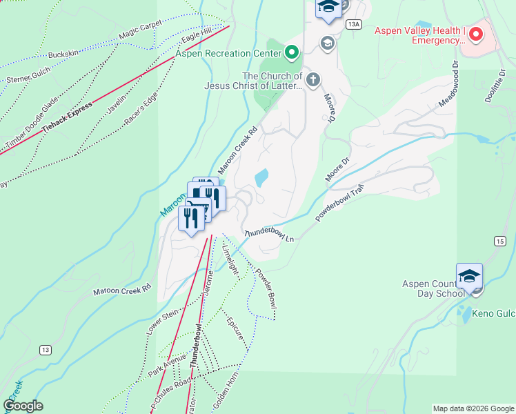 map of restaurants, bars, coffee shops, grocery stores, and more near 568-570 Glen Dee Road in Aspen