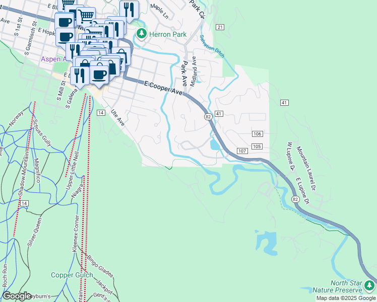 map of restaurants, bars, coffee shops, grocery stores, and more near 1412 Crystal Lake Road in Aspen