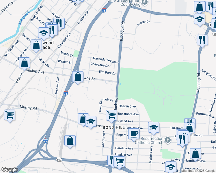 map of restaurants, bars, coffee shops, grocery stores, and more near 1162 Towne Street in Cincinnati