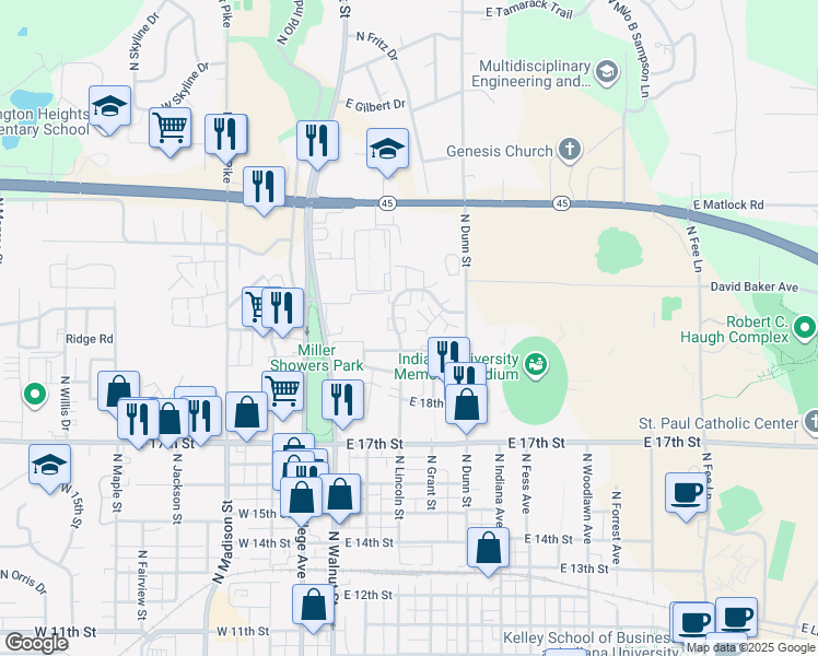 map of restaurants, bars, coffee shops, grocery stores, and more near 210 East Varsity Lane in Bloomington