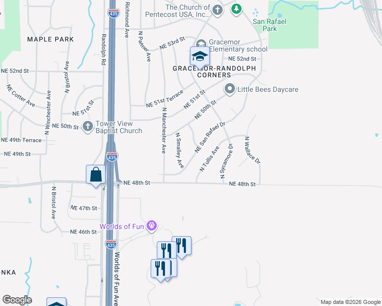 map of restaurants, bars, coffee shops, grocery stores, and more near 4908 North Potter Avenue in Kansas City