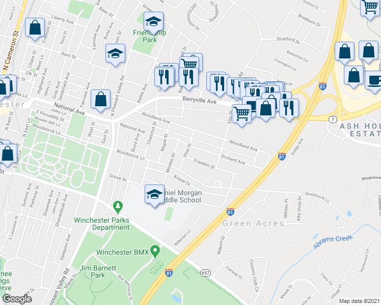 map of restaurants, bars, coffee shops, grocery stores, and more near 252 Pine Street in Winchester