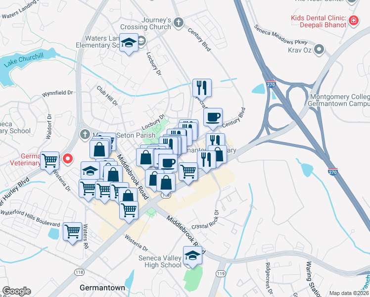 map of restaurants, bars, coffee shops, grocery stores, and more near 19863 Century Boulevard in Germantown