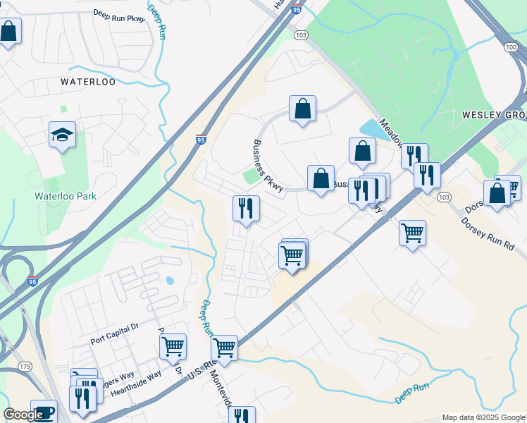 map of restaurants, bars, coffee shops, grocery stores, and more near 8013 Ravenclaw Road in Elkridge
