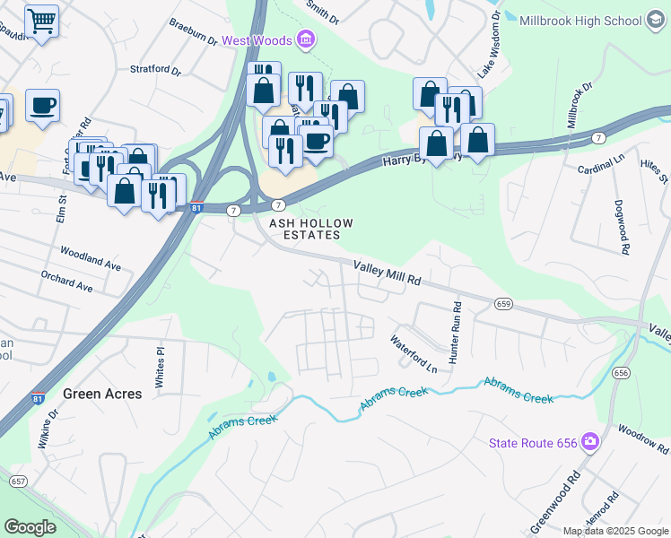map of restaurants, bars, coffee shops, grocery stores, and more near 151 Brookland Terrace in Winchester