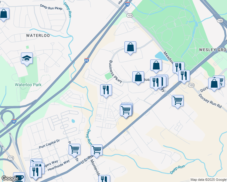 map of restaurants, bars, coffee shops, grocery stores, and more near 8013 Ravenclaw Road in Elkridge