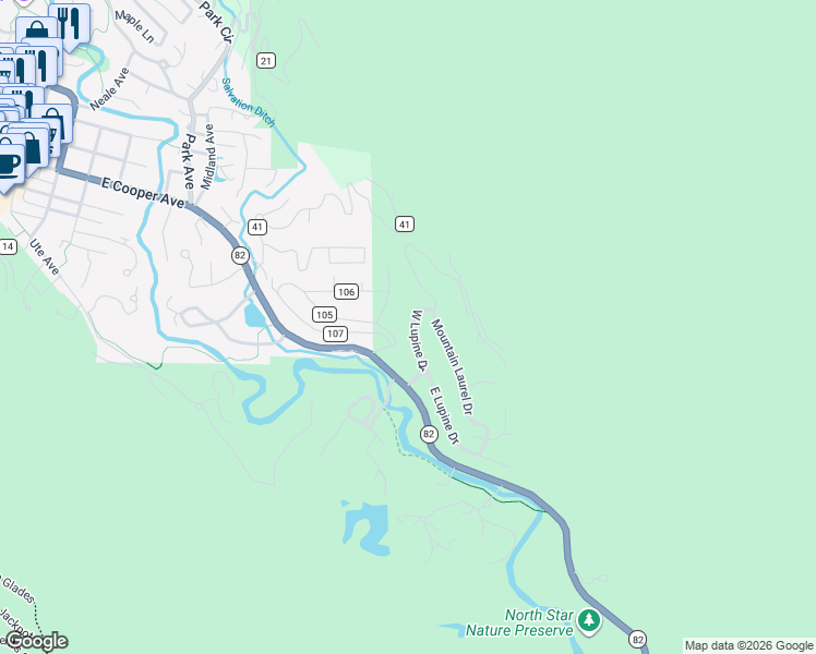 map of restaurants, bars, coffee shops, grocery stores, and more near 182 West Lupine Drive in Aspen