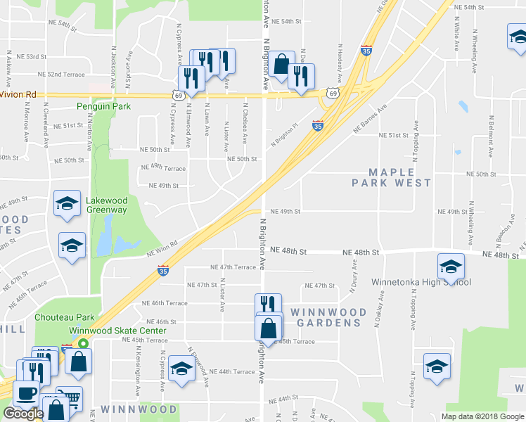 map of restaurants, bars, coffee shops, grocery stores, and more near 4900 North Brighton Avenue in Kansas City