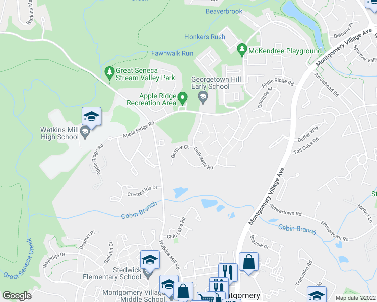 map of restaurants, bars, coffee shops, grocery stores, and more near 10104 Gravier Court in Montgomery Village