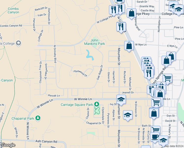 map of restaurants, bars, coffee shops, grocery stores, and more near 1287 Flintwood Drive in Carson City