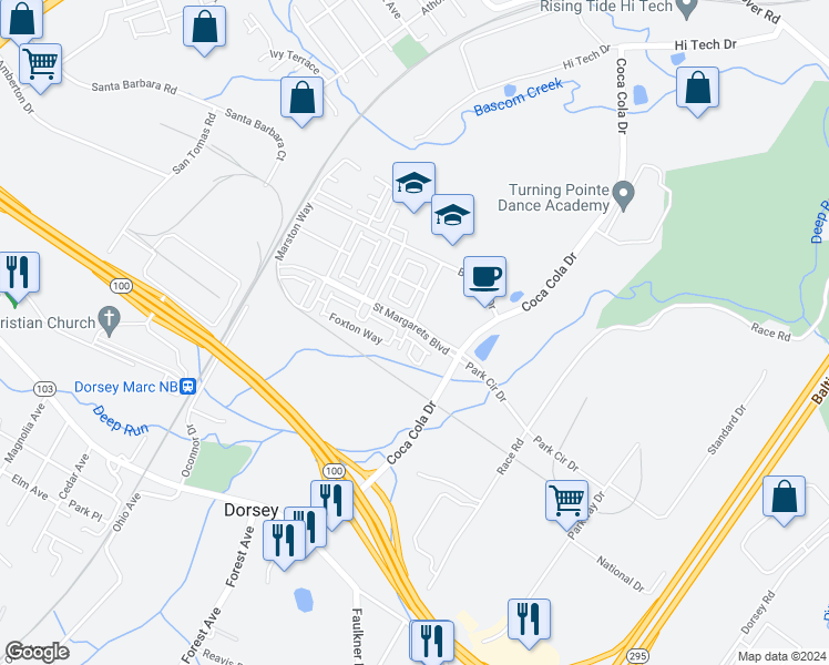 map of restaurants, bars, coffee shops, grocery stores, and more near 7353 Saint Margarets Boulevard in Hanover
