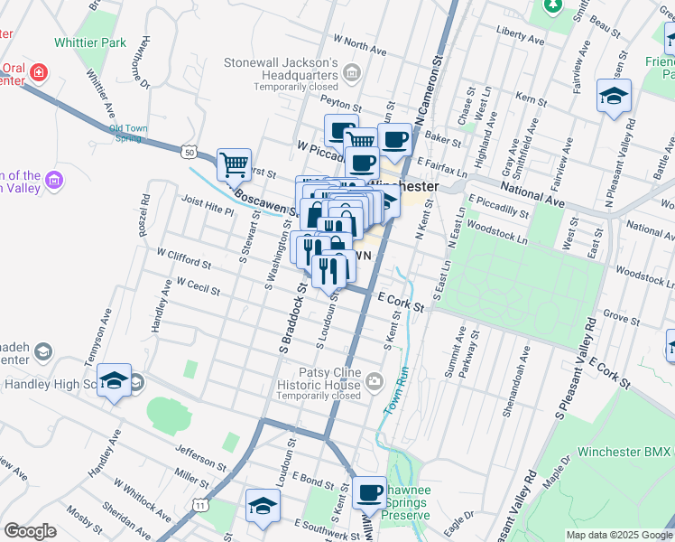 map of restaurants, bars, coffee shops, grocery stores, and more near 103 South Loudoun Street in Winchester