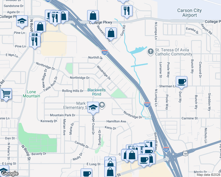 map of restaurants, bars, coffee shops, grocery stores, and more near 2530 Pinion Pine Drive in Carson City