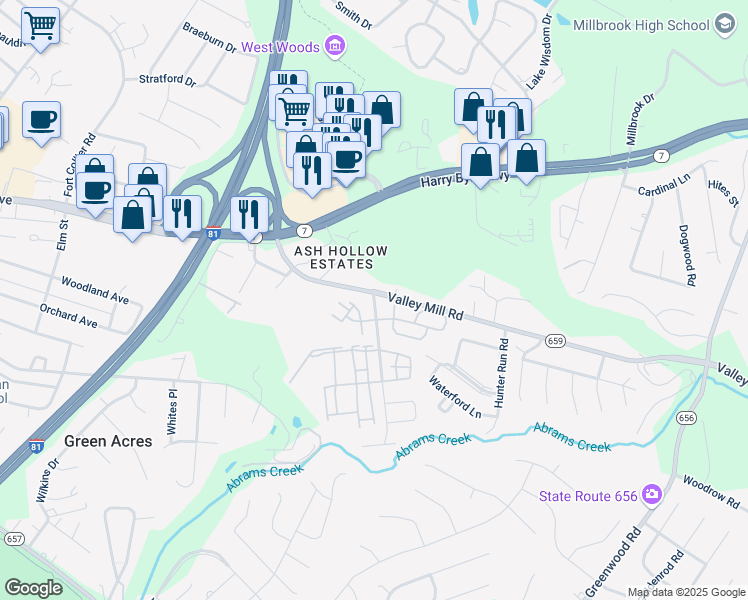 map of restaurants, bars, coffee shops, grocery stores, and more near 115 Brookland Lane in Winchester