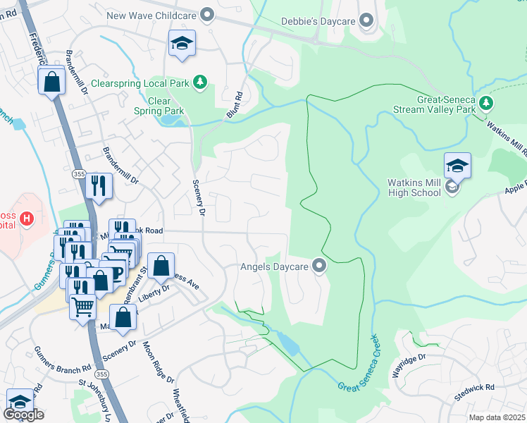 map of restaurants, bars, coffee shops, grocery stores, and more near 11101 Knights Court in Germantown