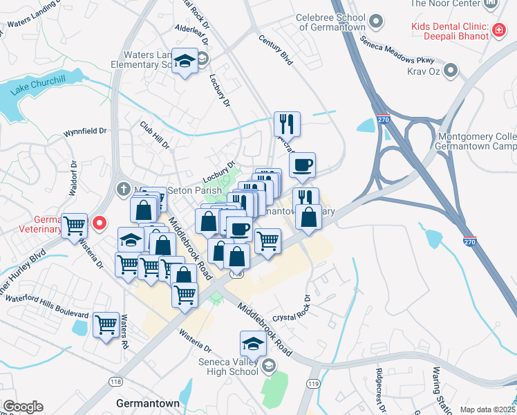 map of restaurants, bars, coffee shops, grocery stores, and more near 19860 Century Boulevard in Germantown