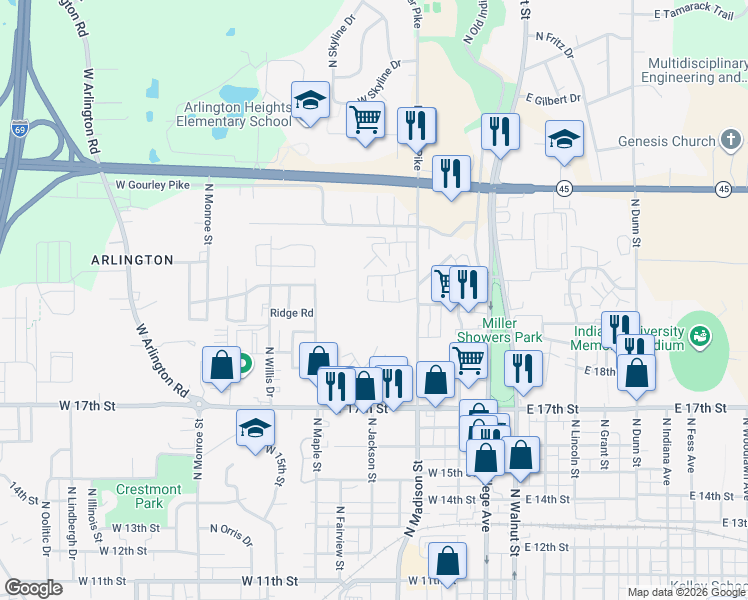 map of restaurants, bars, coffee shops, grocery stores, and more near 577 West Amaryllis Drive in Bloomington