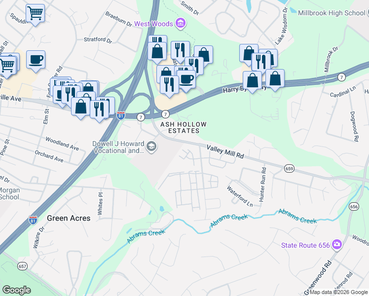 map of restaurants, bars, coffee shops, grocery stores, and more near 187 Valley Mill Road in Winchester