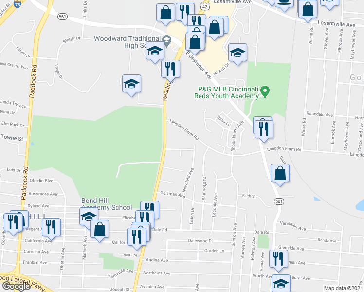 map of restaurants, bars, coffee shops, grocery stores, and more near 1740 Carrahen Avenue in Cincinnati