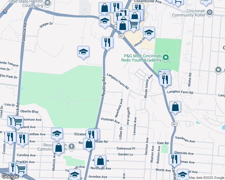 map of restaurants, bars, coffee shops, grocery stores, and more near 1740 Carrahen Avenue in Cincinnati