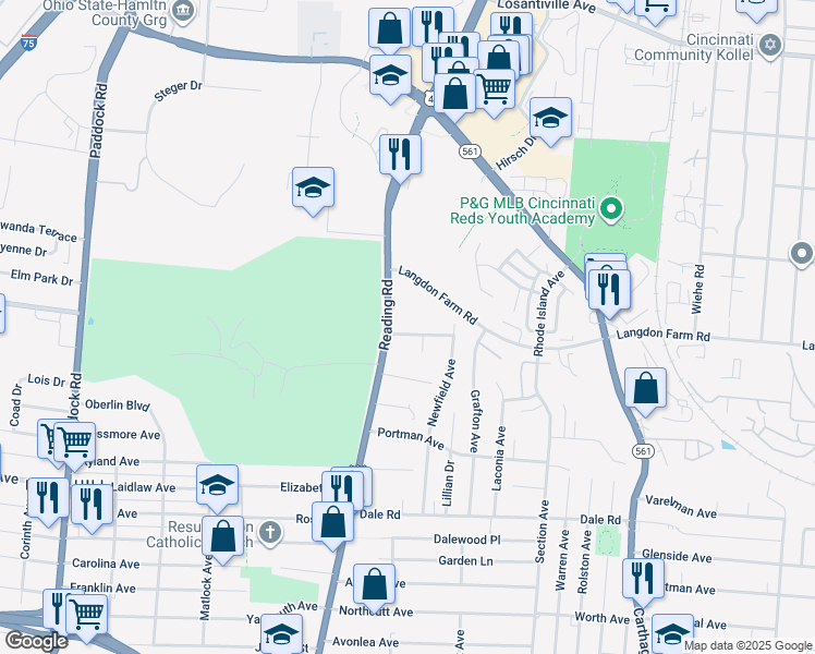 map of restaurants, bars, coffee shops, grocery stores, and more near 1740 Carrahen Avenue in Cincinnati
