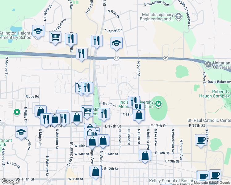 map of restaurants, bars, coffee shops, grocery stores, and more near 1766 North Washington Street in Bloomington