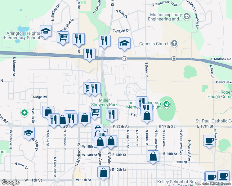 map of restaurants, bars, coffee shops, grocery stores, and more near 1766 North Washington Street in Bloomington