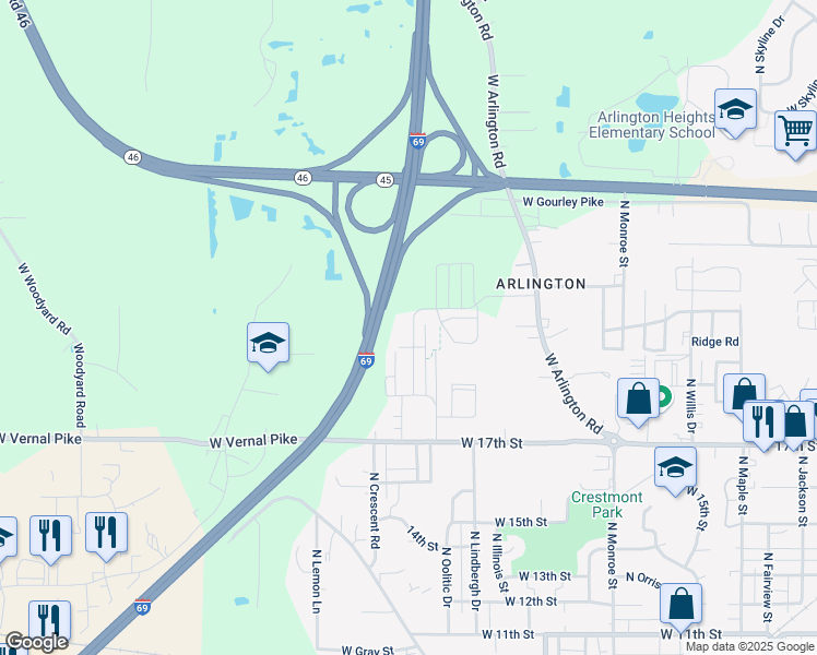 map of restaurants, bars, coffee shops, grocery stores, and more near State Highway 45 in Bloomington