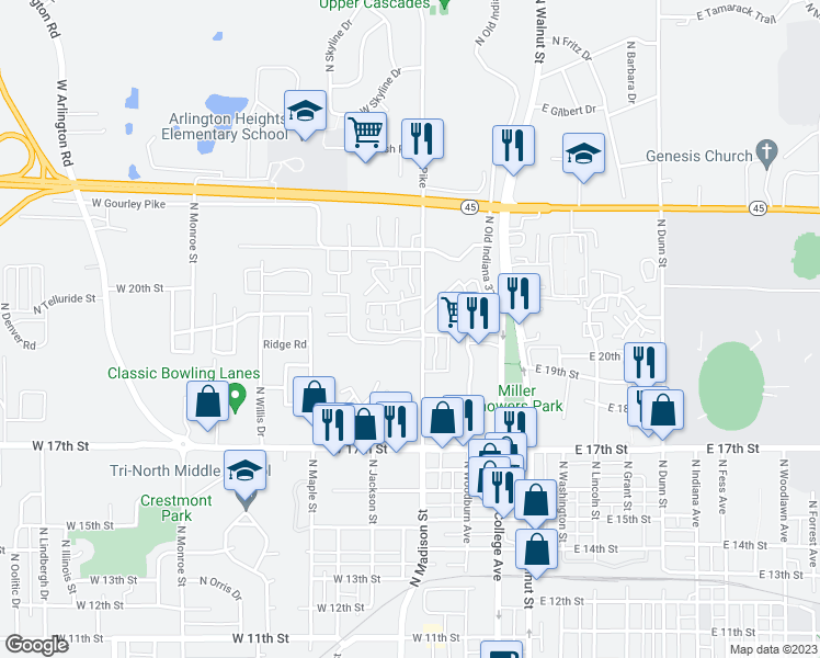 map of restaurants, bars, coffee shops, grocery stores, and more near 428 West Northlane Drive in Bloomington