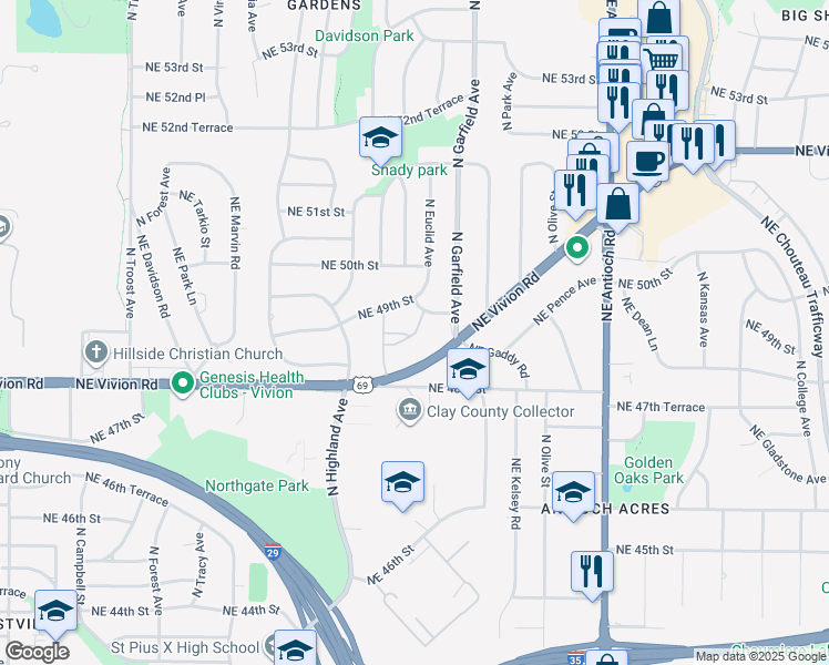 map of restaurants, bars, coffee shops, grocery stores, and more near 1917 Northeast 49th Street in Kansas City