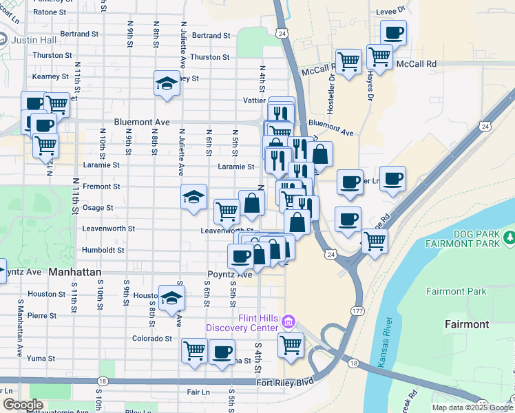 map of restaurants, bars, coffee shops, grocery stores, and more near 400 Osage Street in Manhattan