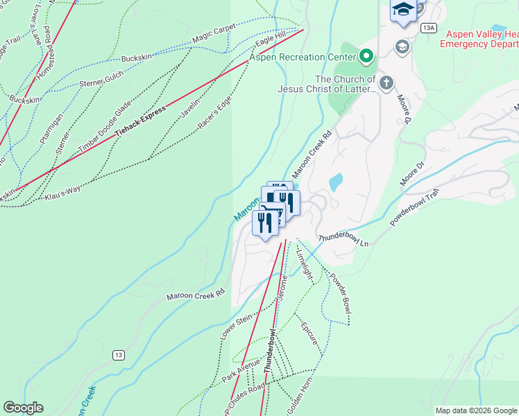 map of restaurants, bars, coffee shops, grocery stores, and more near 1591-1601 County Road 13 in Aspen