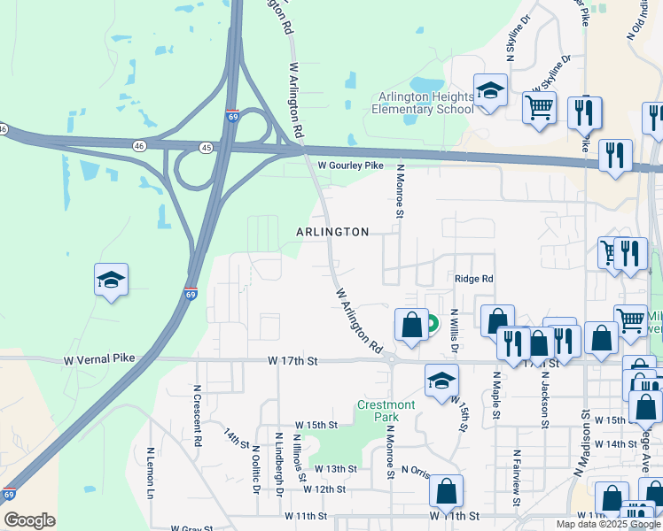 map of restaurants, bars, coffee shops, grocery stores, and more near 1604 West Arlington Road in Bloomington