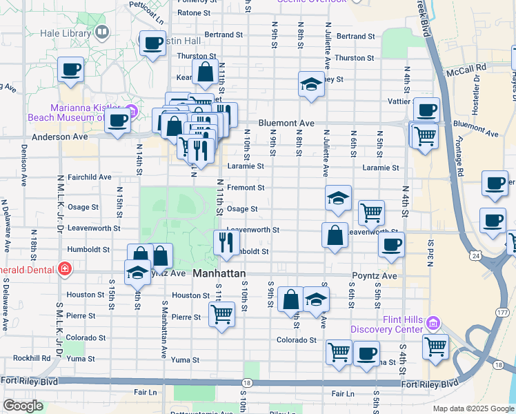 map of restaurants, bars, coffee shops, grocery stores, and more near 918 Osage Street in Manhattan