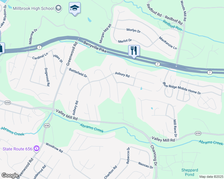 map of restaurants, bars, coffee shops, grocery stores, and more near 111 Settlers Circle in Winchester