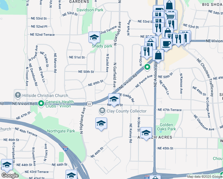 map of restaurants, bars, coffee shops, grocery stores, and more near 2026 Northeast Vivion Road in Kansas City