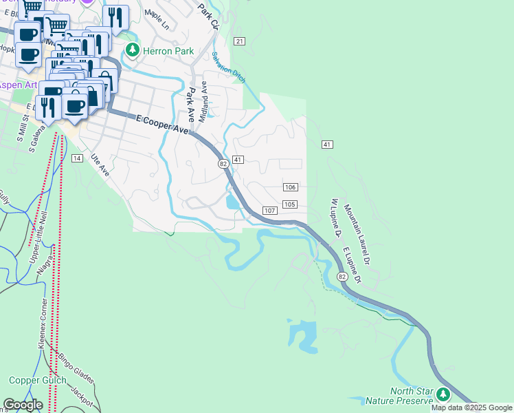 map of restaurants, bars, coffee shops, grocery stores, and more near 228 Eastwood Road in Aspen