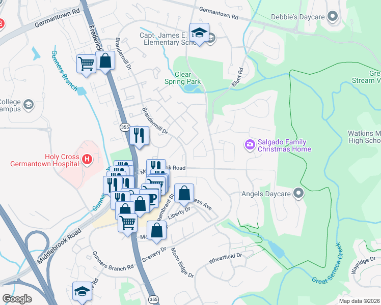 map of restaurants, bars, coffee shops, grocery stores, and more near 19952 Gateshead Circle in Germantown