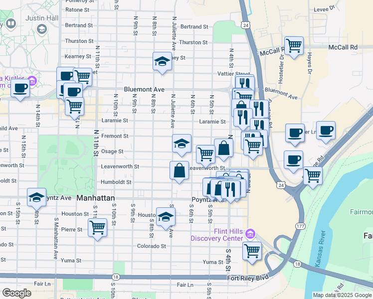 map of restaurants, bars, coffee shops, grocery stores, and more near 610 Osage Street in Manhattan