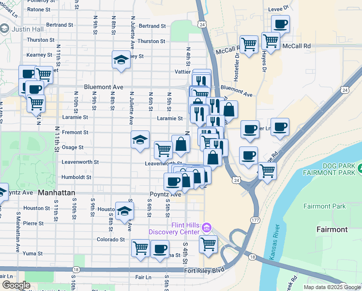 map of restaurants, bars, coffee shops, grocery stores, and more near 410 Osage Street in Manhattan