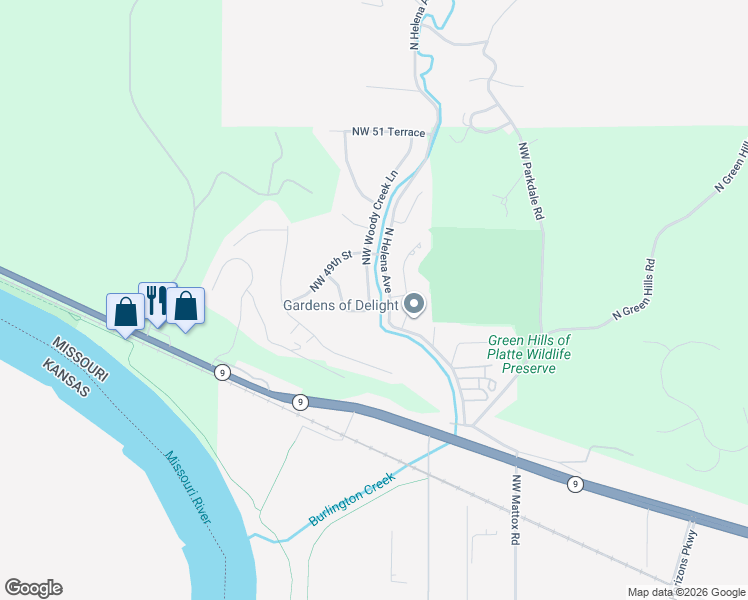 map of restaurants, bars, coffee shops, grocery stores, and more near 4807 Northwest Woody Creek Lane in Kansas City
