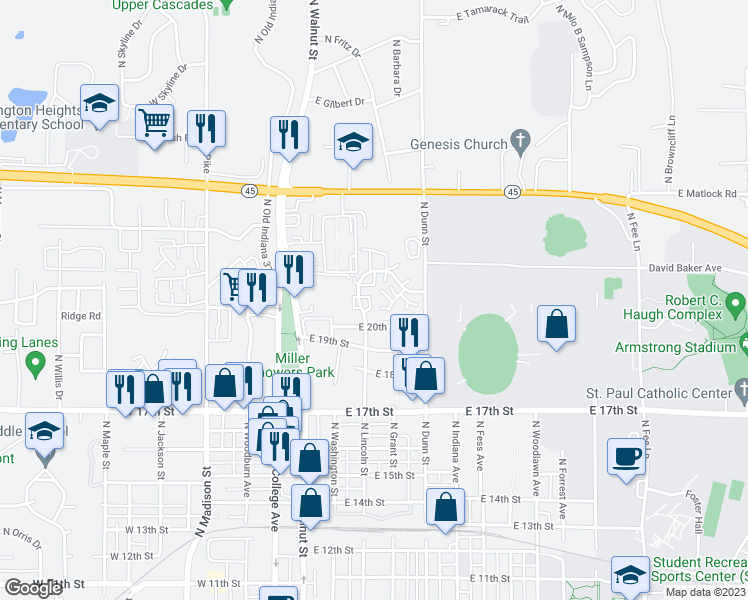 map of restaurants, bars, coffee shops, grocery stores, and more near 1726 North Lincoln Street in Bloomington