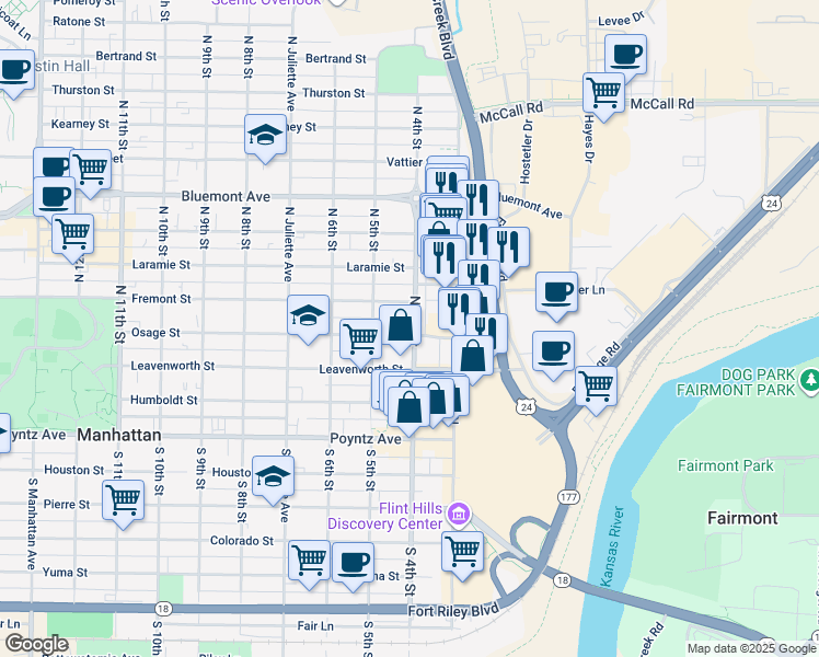map of restaurants, bars, coffee shops, grocery stores, and more near 400 Osage Street in Manhattan
